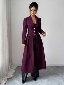 Rafferiza 女士优雅复古收腰前开衩A字长款大衣，秋冬女士长款外套，长袖外套，女士优雅穿搭，女士时尚长款外套 - 中紫紅色 - 查看 6