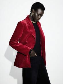 SHEIN LUNE Green Women's Padded Shoulder Velvet Waist A-Line Blazer - Burgundy - View 5