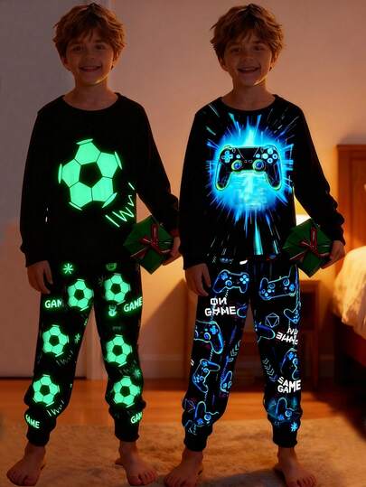 SHEIN 2pcs/Set Tween Boy Snug Fit Glow-In-The-Dark Football Video Game Graphic Crew Neck Long Sleeve T-Shirt And Pants Soft Comfortable Pajama Set, Buy 1 Get 1 Free