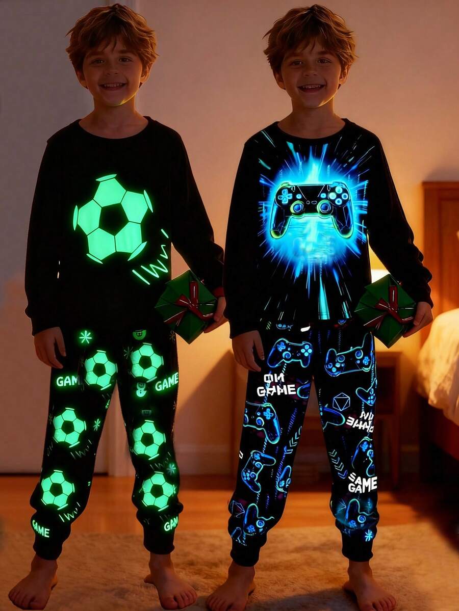 SHEIN 2pcs/Set Tween Boy Snug Fit Glow-In-The-Dark Football Video Game Graphic Crew Neck Long Sleeve T-Shirt And Pants Soft Comfortable Pajama Set, Buy 1 Get 1 Free - Multicolor - View 1