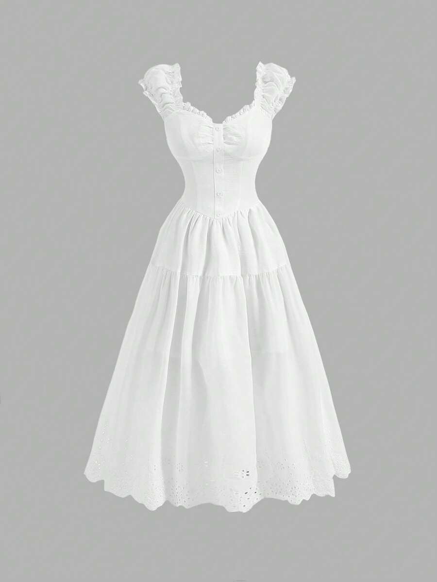 SHEIN MOD 白色荷葉邊褶皺肩裙 - 白色 - 查看 1