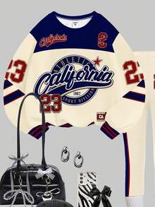 两件套女童复古运动23号印花套装，休闲圆领长袖卫衣搭配修身长裤，适合秋冬季节、居家、度假、舒适季节、圣诞节氛围、圣诞礼物、秋冬穿搭、轻松舒适、适合小女孩秋冬叠穿、时尚女孩、休闲装、儿童爱心图案服装、秋冬服装、圣诞服装、新年服装、时尚秋季、新风格、冬季时尚 - 彩色 - 查看 4