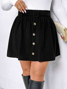 Elenzga Plus-Size Casual Black Button-Decorated A-Line Skirt,Women's Smart Casual Autumn Everyday Back-To-School Elegant Short Skirt For Office Party Wedding - Black - View 8
