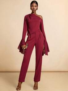 Vesra Women's Oblique Shoulder Top With Ruched Shoulder, Metal Decor & Ruffle Hem Asymmetrical Sleeve; Straight Leg Pants Set - Red - View 5