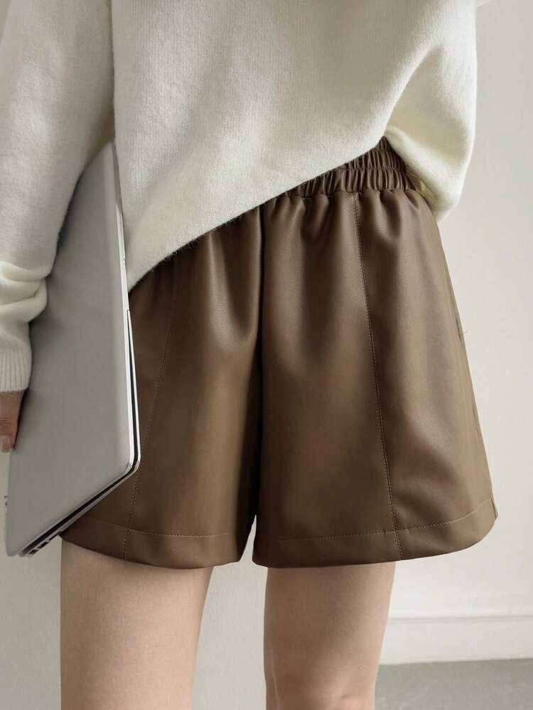 Women's Solid Color Casual PU Straight Leg Layered Shorts