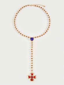 Glisma Women Pendant Necklaces,Outfits,Gothic/Goth,Old Money,Beaded,Western Jewelry,Metallic/Texture,Gemstone,Fall/Autumn/Winter,For Mom/Women/Girl/Mother,Premium,Vintage,Cross - Multicolor - View 2