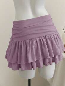 Elamini 米色褶皱高腰低腰双层雪纺半身裙，度假风迷你裙 - 紫色 - 查看 2