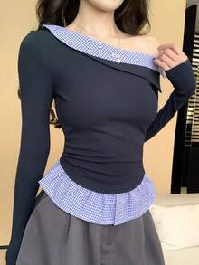 DAZY Women's Plaid Splice Slim Fit Asymmetric-Shoulder Long Sleeve Casual Base Layer T-Shirt - Navy Blue - View 2