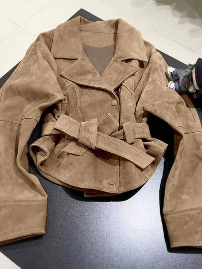 Franclia New Fashionable Khaki Suede Lapel Tie-Waist Women Jacket Coat