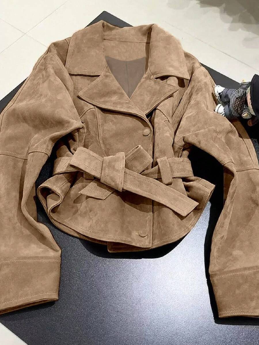 Franclia New Fashionable Khaki Suede Lapel Tie-Waist Women Jacket Coat