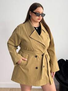 Enliva Abrigo de trinchera con cinturón y cuello para tallas grandes, para otoño/invierno - Caqui - Ver 6