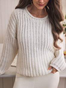 Louniche Áo len dệt kim dáng rộng cổ tròn tay dài dành cho nữ, mùa thu/đông - Màu be - Xem 4