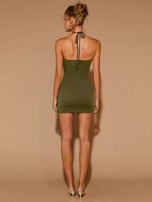 COSMINA 女士吊带系带修身迷你连衣裙，橄榄绿连衣裙 - 橄欖綠 - 查看 2
