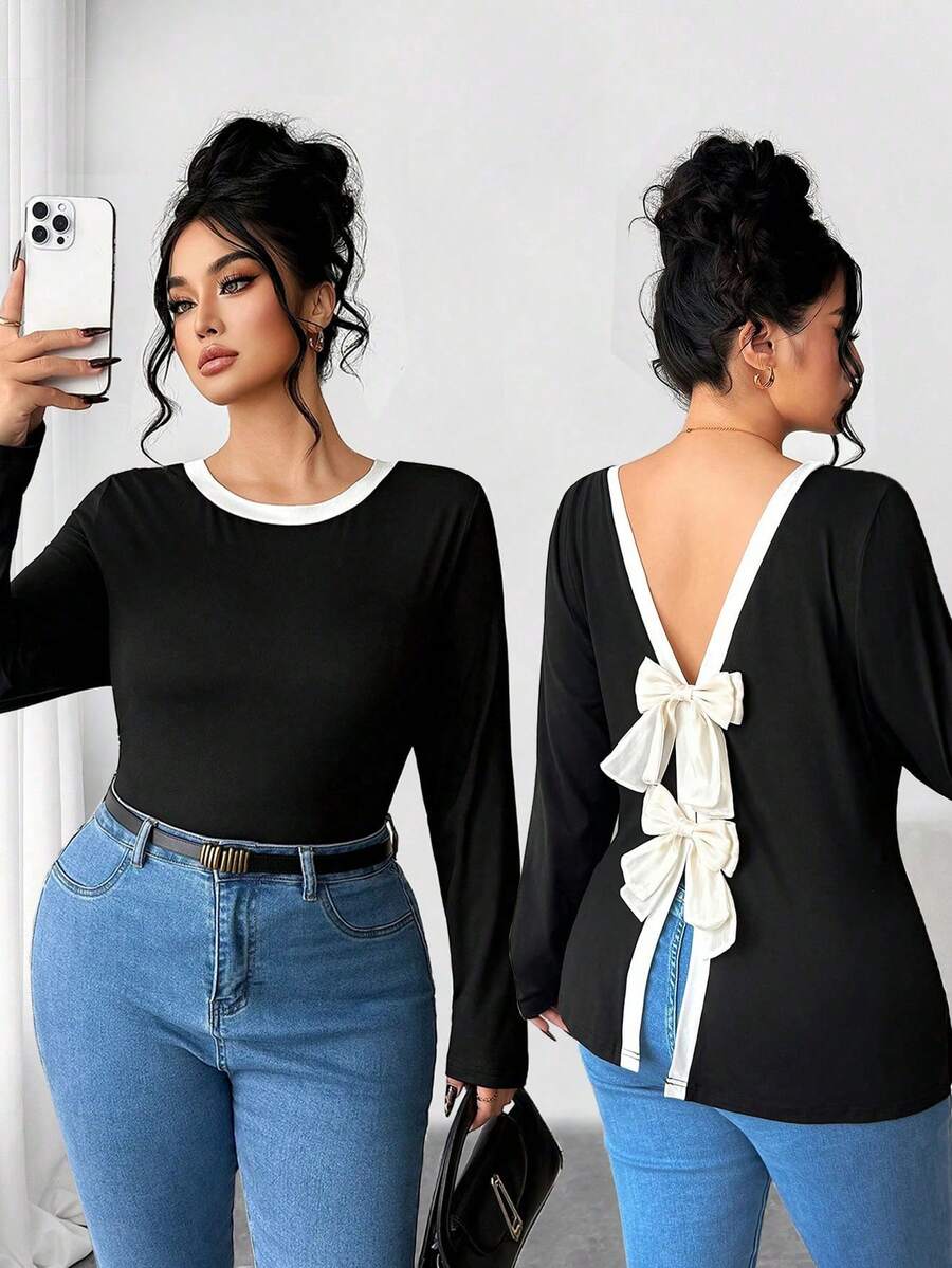 Elenzga Plus Size Women Casual Round Neck Long Sleeve T-Shirt With Bowknot Back - Black - View 1