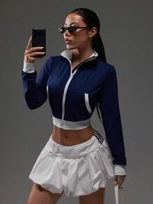 Dewbera Dewbera 女士时尚休闲户外健身跑步撞色拉链前袋修身瑜伽运动长袖立领外套，春秋季健身网球女式短款运动外套 - 彩色 - 查看 1