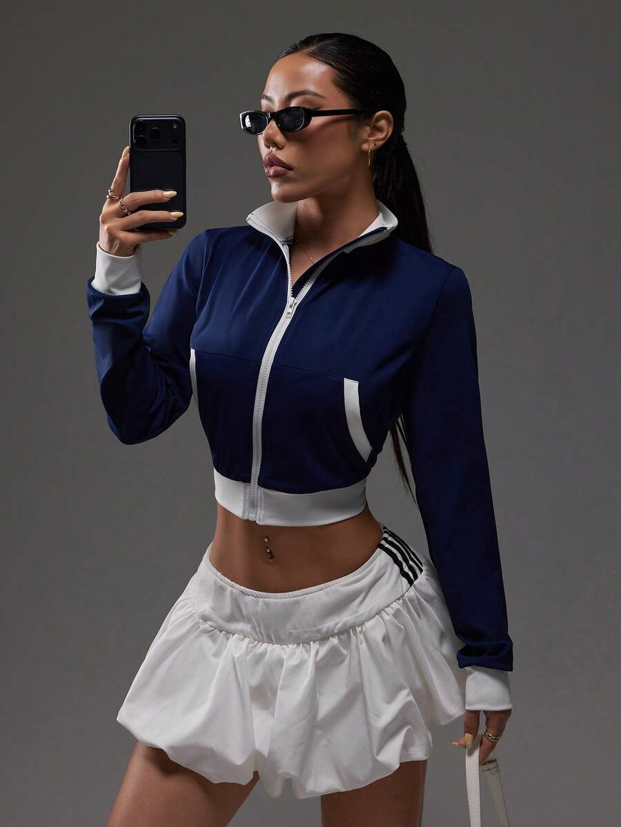 Dewbera Dewbera 女士时尚休闲户外健身跑步撞色拉链前袋修身瑜伽运动长袖立领外套,春秋季健身网球女式短款运动外套 - 彩色 - 查看 1