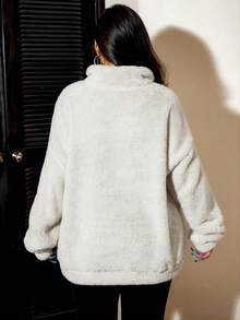 SHEIN EZwear 大码女式休闲日常通勤简约纯色半拉链插肩宽松抓绒卫衣，秋冬款 - 米色 - 查看 2