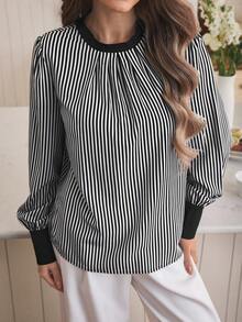 SHEIN LUNE Blusa feminina casual/para o trabalho com estampa listrada em preto e branco e mangas bufantes, estilo solto, para primavera/outono. - Preto e Branco - Ver 5