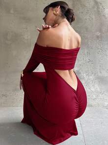 Firerie Abito lungo blu navy da donna con spalle scoperte, arricciato, schiena scoperta, aderente, a sirena, elegante, adatto per pendolarismo, sexy, vacanza, spiaggia, stile boho, Hawaii, festival musicale, romantico, appuntamento, festa, matrimonio, laurea, ballo, esibizione, concerto, lavoro, ritorno a scuola, abito per compleanno delle donne