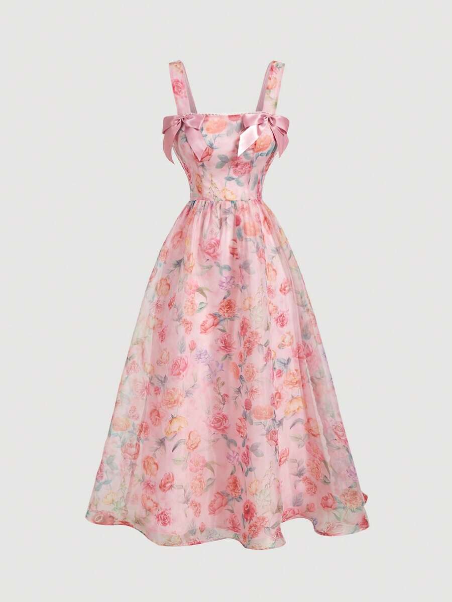 SHEIN MOD Women's Pink Organza Printed Bow Dress, Ball Dress, Party Women Dress,New Year Eve Dress,Valentine Outfits - Pink - View 1