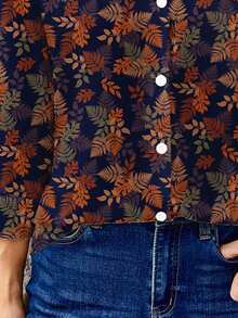 EMERY ROSE Women's Vintage Leaf Print Navy Blue Long Sleeve Shirt,Elegant Casual Summer Retro Vibe Comfortable Chic Office Work Commuting Street Style Top - Multicolor - View 7