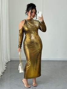 Elenzga Vestido elegante de unicolor y diseño de corte calado, de alta gama, talla grande - Dorado - Ver 3