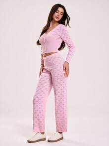 SHEIN Sovereign Charm Casual Solid Color Fitted V-Neck Cropped Long Sleeve Sweater - Pink - View 4