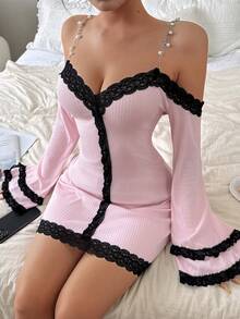 Napfluff 性感V领长袖露肩蕾丝拼接女士睡裙，冬季 - 粉色 - 查看 5