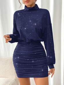 SHEIN Frenchy Women's Stand Collar Drop Shoulder Long Sleeve Ruched Shiny Mini Dress Party Spring Blue - Navy Blue - View 3