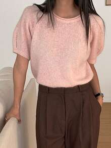 DAZY Loose Fit Short Puff Sleeve Lightweight Soft Knit Sweater For Women - Pink - View 9