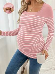 SHEIN U-Neck Raglan Sleeve Casual Comfortable Breathable Striped Nursing Top Pregnant Clothes Maternity Tops Pregnancy Shirts Breastfeeding Shirt - Pink - View 3