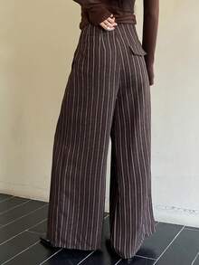 DAZY 女士条纹宽松褶裥休闲通勤阔腿裤 - 棕色 - 查看 7