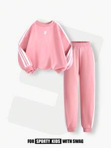 JNSQ Tween Girl Fleece Sweatshirt Set, Letter Embroidery Thick Long Sleeve Outfit, Suitable For Autumn/Winter Daily Wear, Outdoor Activities, Vacation, Streetwear, Party, Casual - Baby Pink - View 3