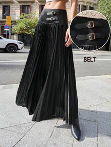 Maija 2025新款女士时尚休闲百褶中长裙，腰部配有搭扣设计 - 黑色 - 查看 1