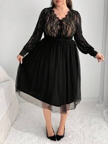 Enliva Christmas Plus Size Women Lantern Sleeve Midi Lace Dress/Autumn /Winter