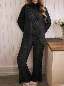 Isle Nomé Fashionable Mock Neck Slit Design Top + Elastic Waist Wide Leg Pants Women 2-Piece Set - Dark Grey - View 4
