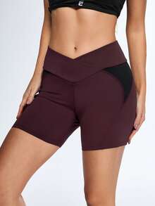 Gameset SHEIN Sport Damen Überlappende Taille Farbblock Yoga Shorts - Bordeaux - Übersicht 6