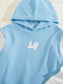SHEIN 2pcs/Set Young Boy Autumn Outfit,Includes Hooded Long Sleeve T-Shirt And Contrast Color Splicing Sports Shorts,Sporty Design For Daily Wear,Vacation - Blue - View 8