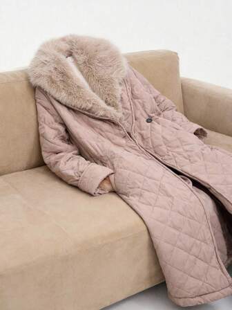 SHEIN Stylify Women's Casual Solid Color Rhombus Pattern Cinched Waist Straight Commuter Padded Coat, Suitable For Outings In Autumn/Winter