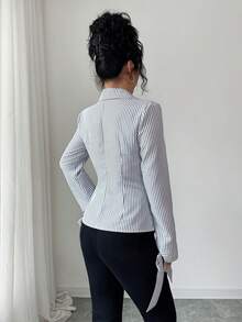 SHEIN Elenzya New Women's Shirt With Lapel Collar, Bow Decor, Long Sleeve, Woven Striped, Elegant For Daily Wear - Multicolor - View 2