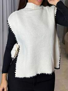 Milla Jasmine Women's Autumn Casual Color Block Trim Side Slit Tie-Up Sweater Vest, Women's Solid Coloured Stand Collar Side Slit Hem Casual Knitted Vest,Loose Fit Casual Side Tie Sweater Vest For Autumn/Winter,Colorblock - Apricot - View 5