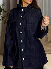 Milla Jasmine Washed Denim Pocket Jacket Spring 90's Cute Summer Casual Vacation Holiday Ibiza Festival Concert Western Streetwear Back To School Fall Autumn Winter Nashville Oasis Office Work Thanksgiving Chic - Navy Blue - View 6