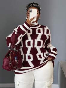 Maweii 女士休闲日常新年酒红色复古百搭通勤街头风青春时尚设计高品质纹理高领常规版型长袖字母图案撞色修身大码套头针织毛衣上衣，秋冬 - 彩色 - 查看 1
