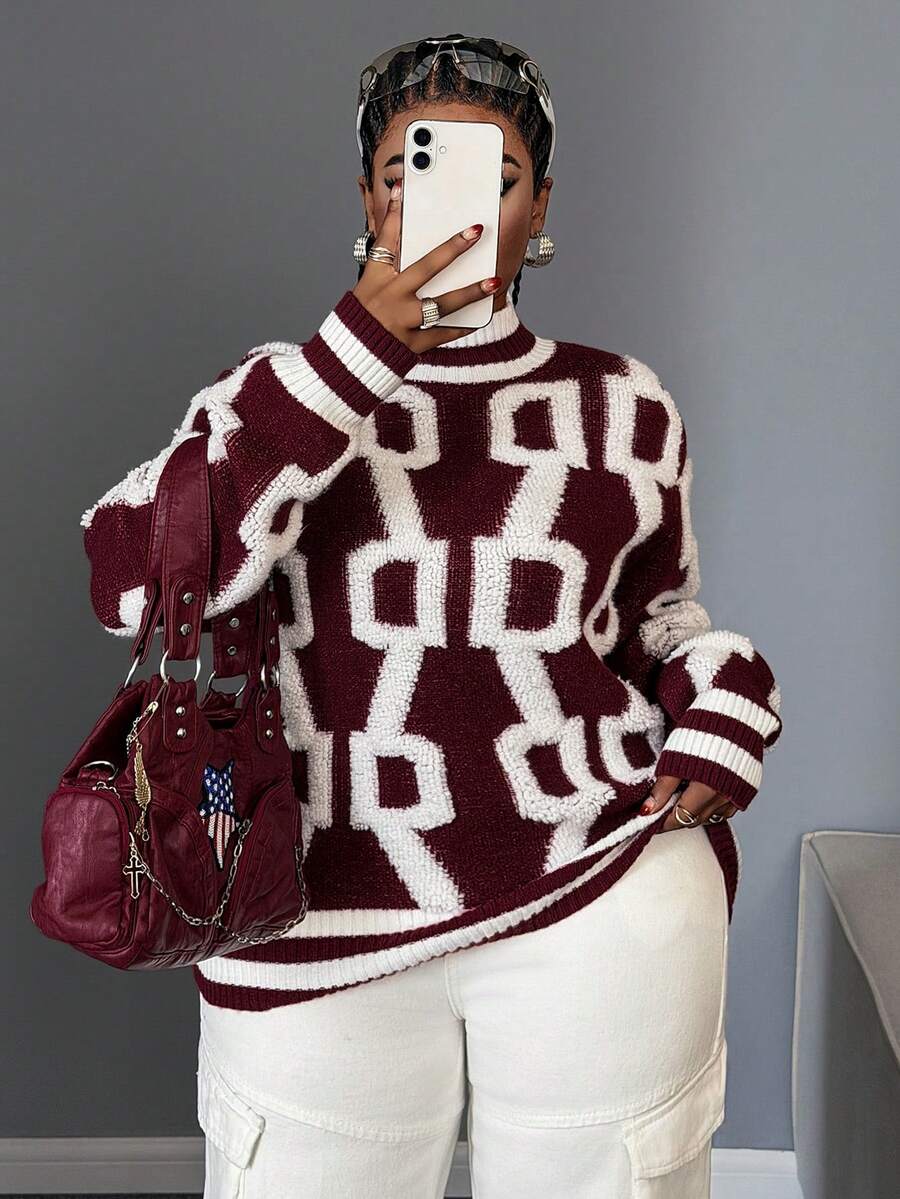 Maweii 女士休闲日常新年酒红色复古百搭通勤街头风青春时尚设计高品质纹理高领常规版型长袖字母图案撞色修身大码套头针织毛衣上衣，秋冬 - 彩色 - 查看 1