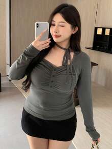 Dazy Plus 大码女式纯色修身系带长袖短款 T 恤，春/秋 - 灰色 - 查看 6