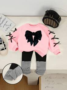 2件套女童休闲爱心图案长袖上衣和黑色裤子运动套装 - 彩色 - 查看 3