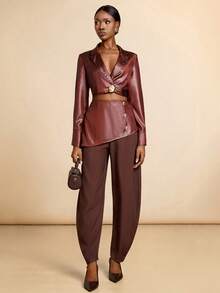 SHEIN Veneréa 仿皮纹理拼接设计金属装饰裤 - 棕色 - 查看 3