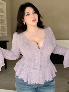 Dazy Plus 性感V领弹力修身长袖加大码女式T恤，春秋季 - 淺灰紫 - 查看 1