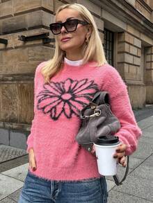 Vivie Lora Women's Loose Fit Floral Pattern Fuzzy Knit Sweater, Pink, Autumn/Winter - Pink - View 4