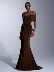 Elitara Elegant Coffee Brown Color, Stretch Mesh Fabric, Handcrafted Metal Embellishments, One-Shoulder Drop Sleeves, Sexy Slits, Pleated Details, And A Fishtail Hem With A Train. Suitable For Weddings, Bachelor/Bachelorette Parties, Vacations, Proms, Music Parties, Formal Occasions, And Dinners. - Coffee Brown - View 7